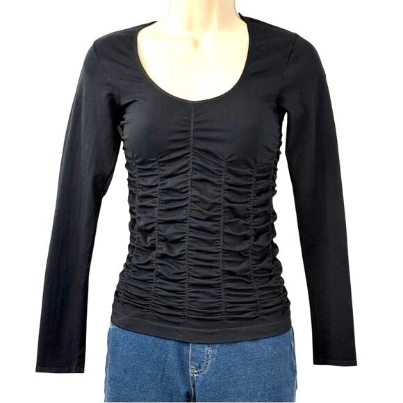Last Tango Tops - Last Tango Black Fitted Top Stretchy Ruched Detail No Seams Long Sleeve